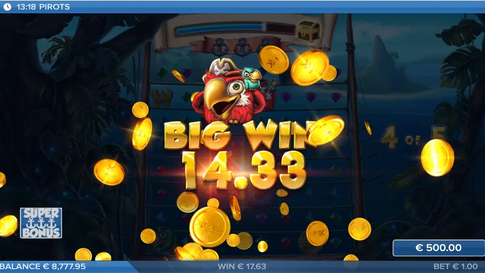 Pirots demo spēle: Big Win ekrāns ar papagaili un zelta monētām
