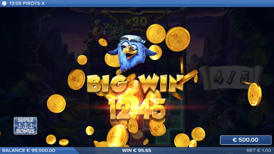 Pirots X demo spēle: Big Win ar zilo papagaili un monētām