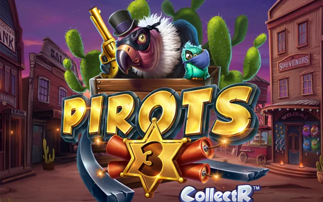 Pirots 3 spēles plakāts ar bandītu grifu un dinamītu