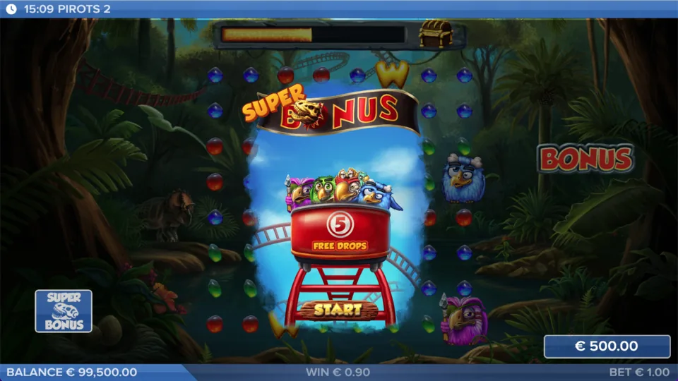 Pirots 2 Super Bonus ekrāns ar 5 bezmaksas kritieniem