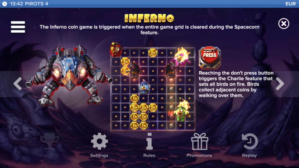 Pirots 4 Inferno monētu spēle ar Charlie robotu un Don’t press pogu