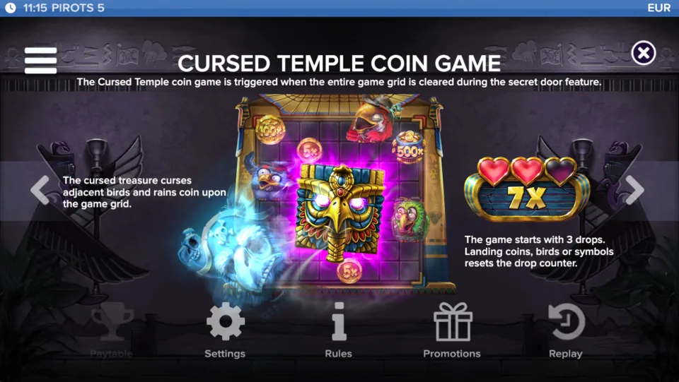 Pirots 5 Cursed Temple monētu spēles noteikumi ar nolādēto dārgumu