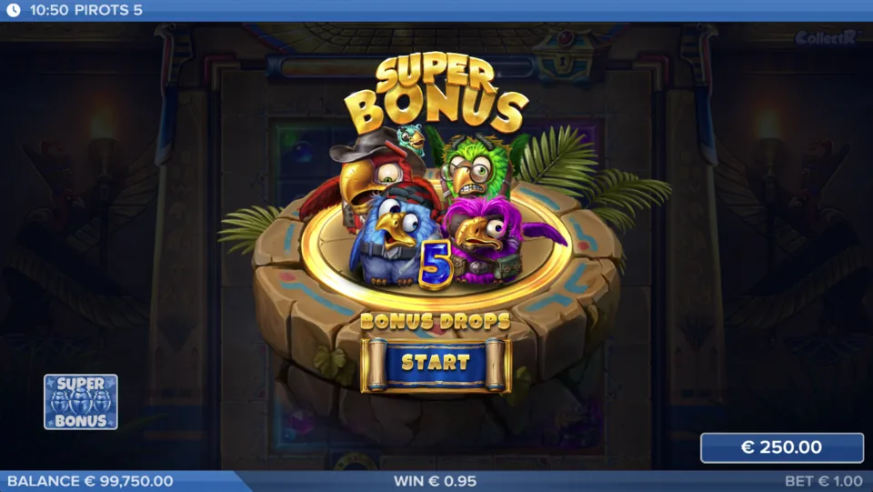 Pirots 5 Super Bonus ekrāns templī