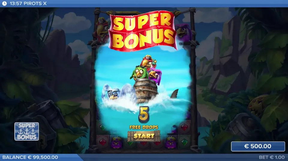 Pirots X Super Bonus ekrāns ar 5 bezmaksas kritieniem
