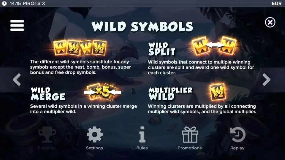 Pirots X wild simboli: wild split, wild merge un reizinātāja wild