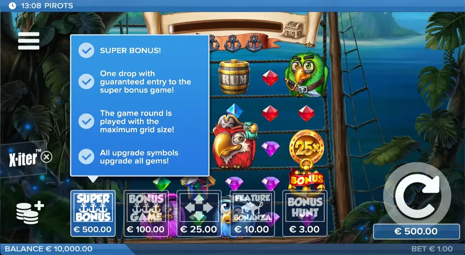 Pirots 1 X-iter izvēlne ar cenām no 3 € līdz 500 € pie 1 € likmes